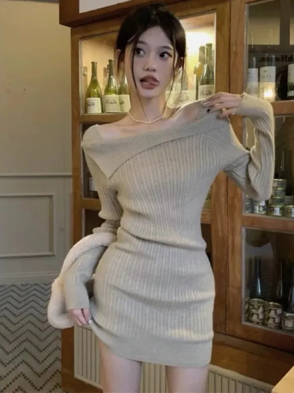 

Long Sve Knitted Dr Women's Autumn Winter Slim Fit Bodycon Dr Underdr One oulder Sle Faionable with Coat ...