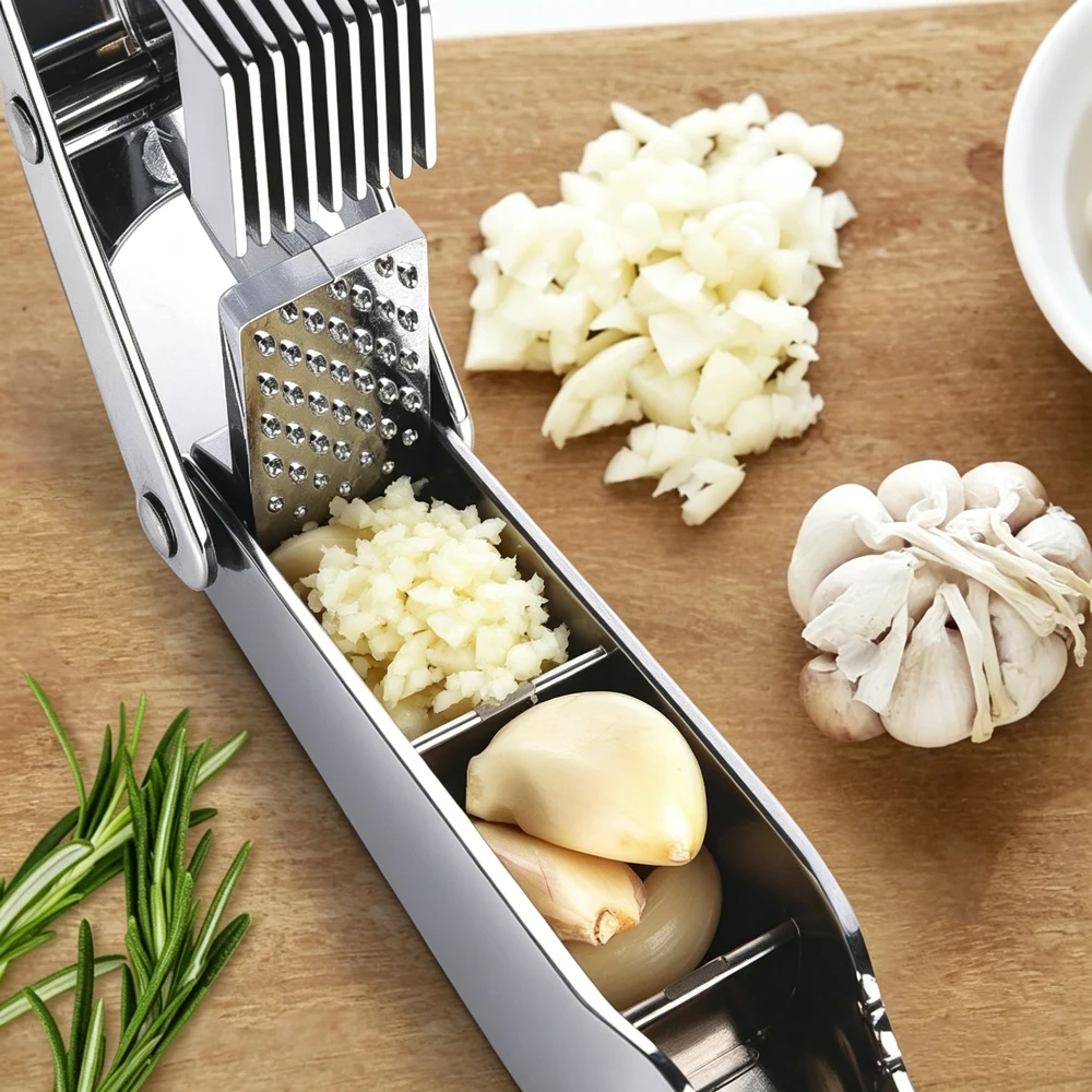 Multifunctional Stainless Steel Garlic Press Two in One Press Garlic Slicer Quick Garlic, Easy to Clean and Durable