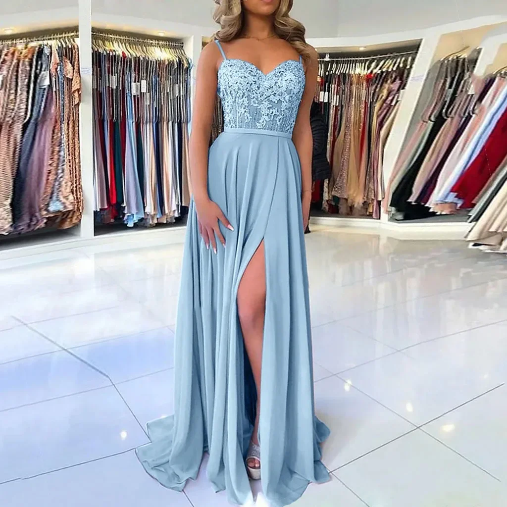 GDYBAO Women‘s Spaghetti Straps Bridesmaid Dresses Long Slit Lace Chiffon Prom Dress Backless Wedding Party Evening Gowns