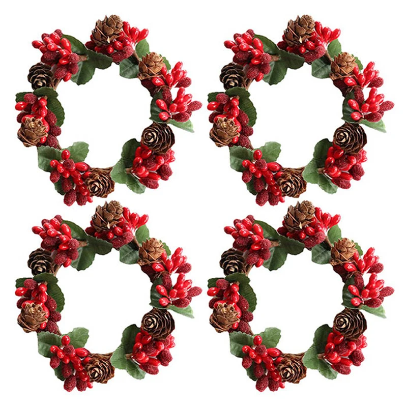 4pcs Christams Candle Rings Red Berry Candle Rings Wreaths With Pine Cones For Pillars Candle Holder Christams Table Decoration