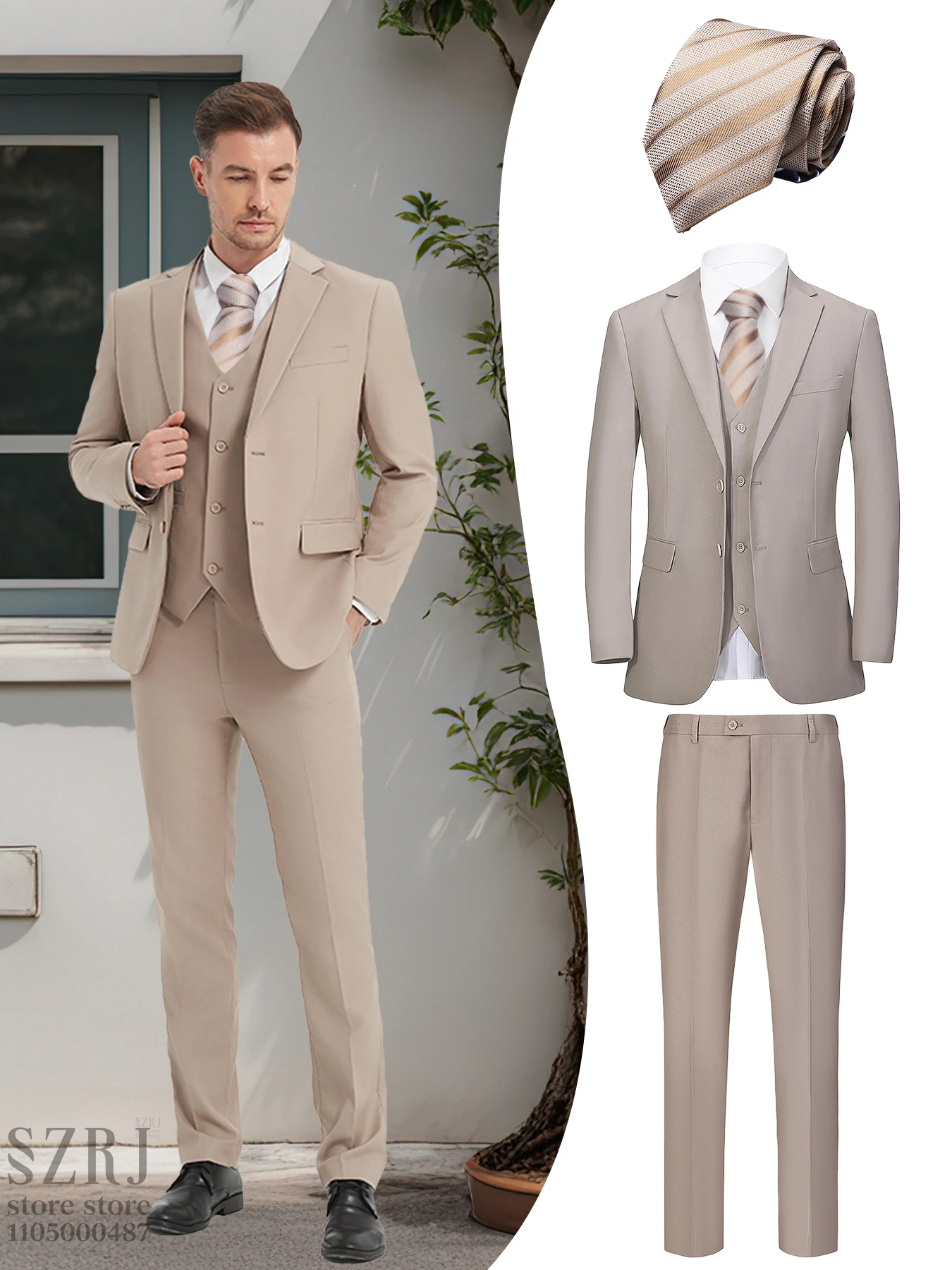 

Men's 4-Piece Suit: Jacket+Vest+Pants+golden Tie. V-Neck, Gentleman Style, Premium, Tailored. For Business, Parties, Weddings.