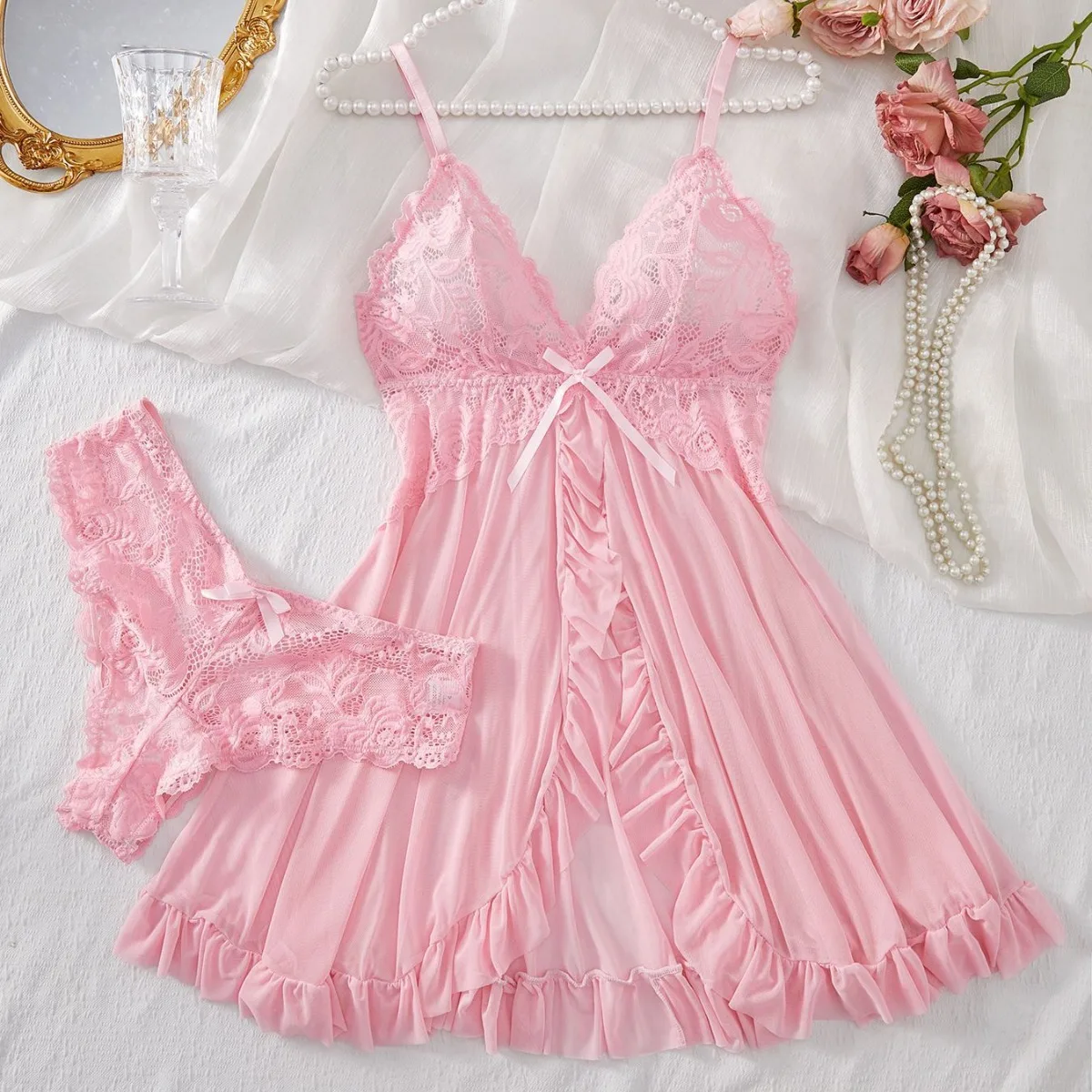 

2-pcs sexy pink lace pajama set transparent split nightgown dress with underwear thin thong elegant women's pajamas