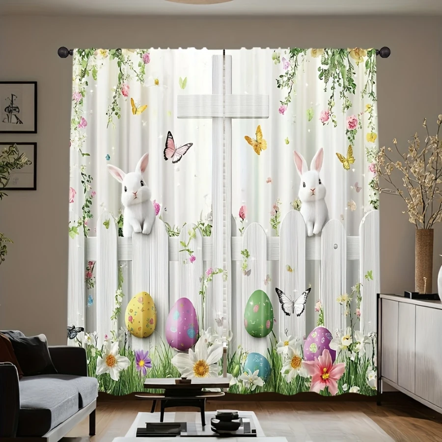 2PCS Digital Printed Curtains, White Rabbit by Fence Design, Easter Holiday Style for Living Room Bedroom Kitchen Home Decor