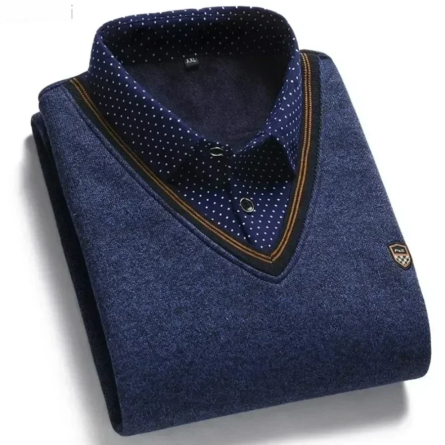 New  Men's Warm Velvet Padded Shirt Collar Sweater Loose Knit Slim Sweater Men Winter Fake Two-piece Sweater Male Warm Tops