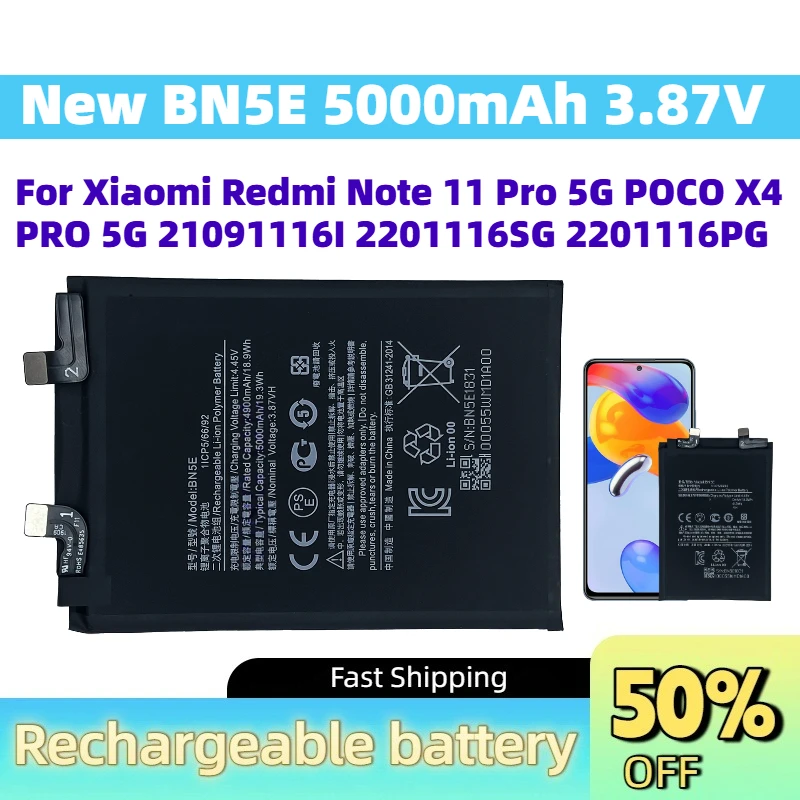 Upgrade New BN5E 5000mAh 3.87V Mobile Phone Battery for Xiaomi Redmi Note 11 Pro 5G POCO X4 PRO 5G 21091116I 2201116SG 2201116PG