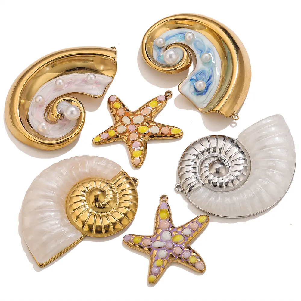 2PCS Pearl Conch Starfish Stainless Steel Charms Enamel Shell Pendant Accessories DIY Earring Jewelry Materials Making Crafts