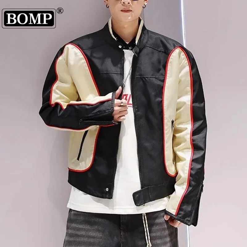 [BOMP] American High Street Motorcycle Stand Up Collar Jacket Men's Spring Autumn Casual Handsome