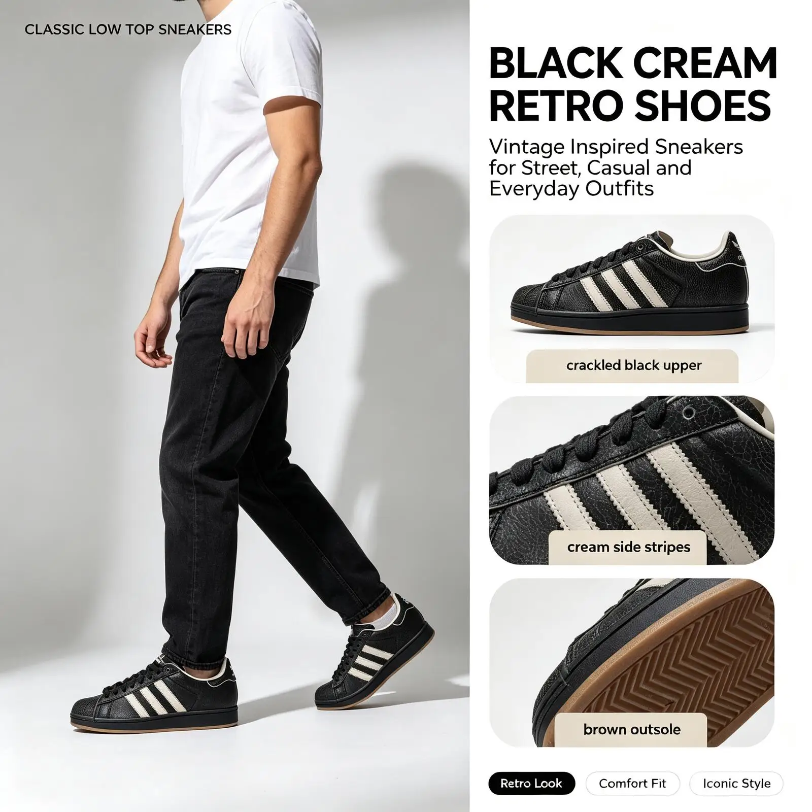 Adidas Originals Men Low‑Top Leather Black Cream Retro Low Top Sneakers Textured Leather Classic Casual Shoes