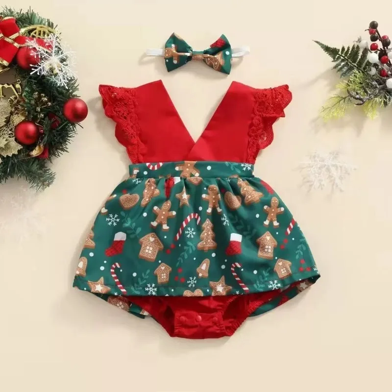 2Pcs Newborn Baby Girl Christmas Romper Dress Lace Sleeveless Tutu Bodysuit Xmas Outfit + Headband My First Christmas Clothes