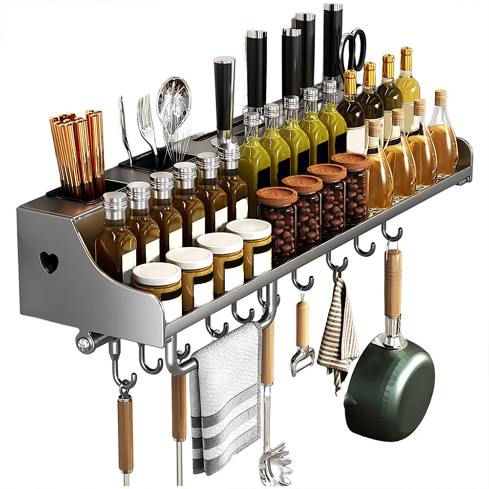 

Полка для кухонной утвари из нержавеющей стали, экономия места, настенное крепление с двухслойными крючками для хранения специй и подвешивания