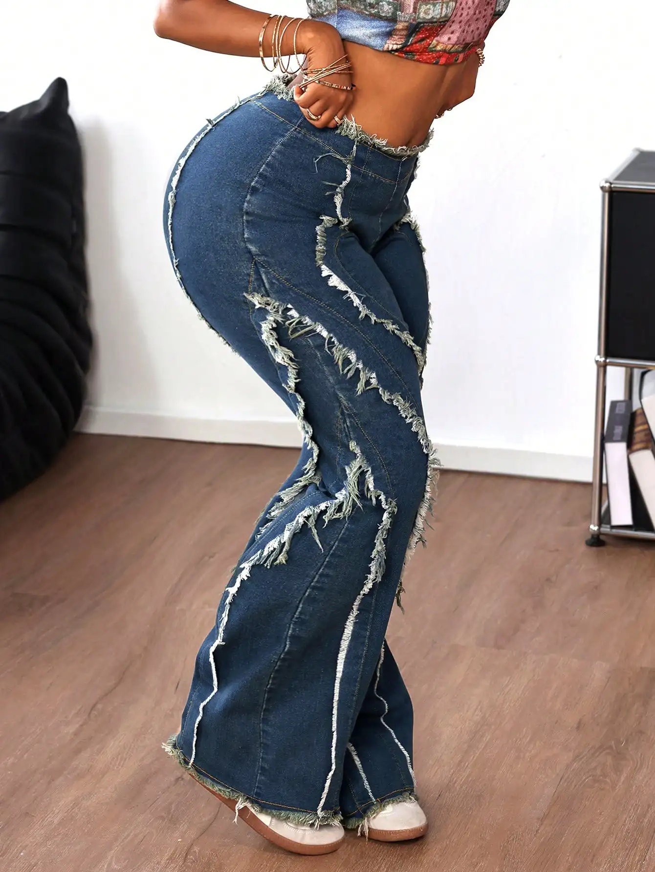 여성용 하이웨이스트 플레어 데님 진, 디스트레스드 프레이드 디테일, 캐주얼 스트리트웨어 스타일