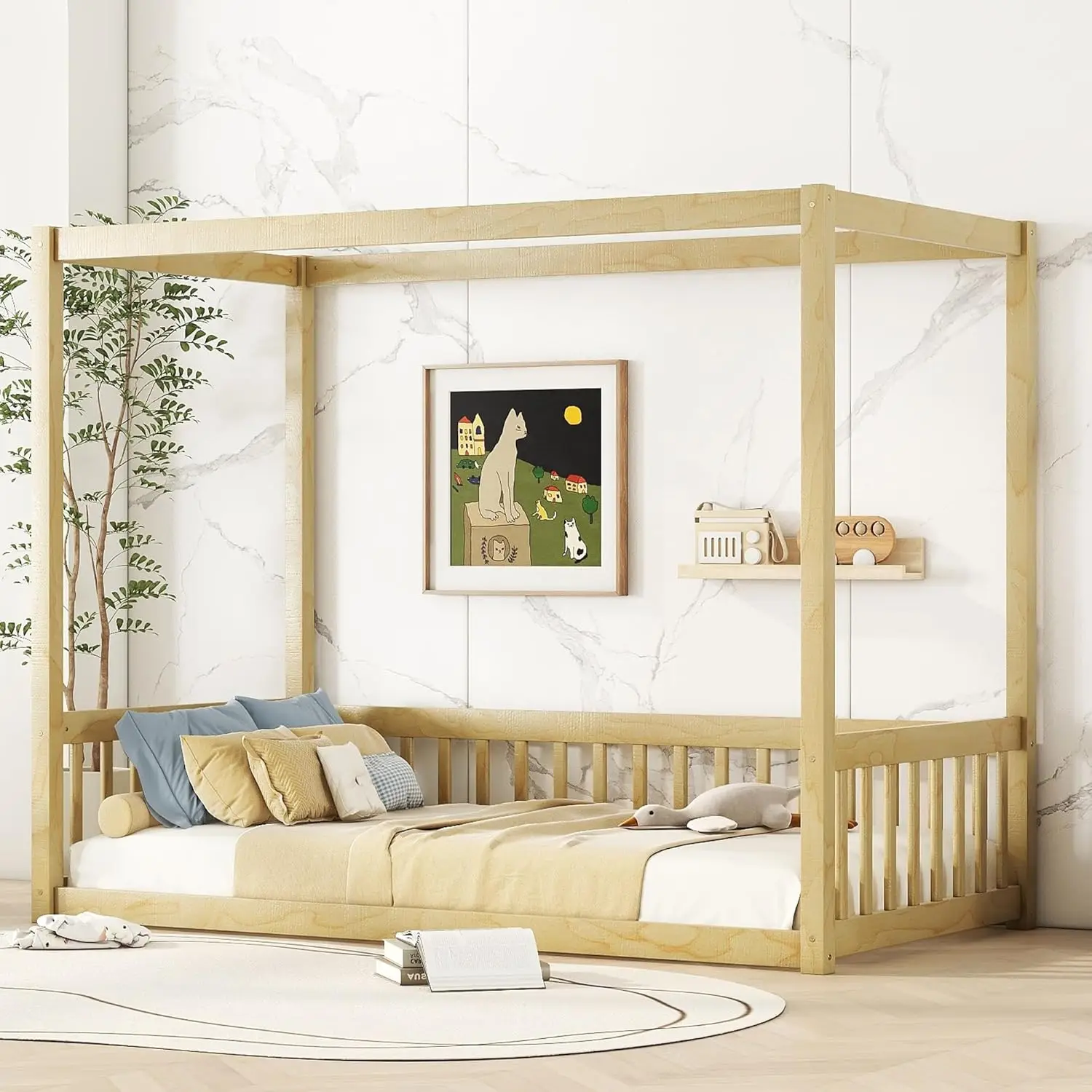 

Двойной каркас кровати с балдахином и защитными перилами для детей, низкопрофильная напольная кровать Монтессори из натурального дерева