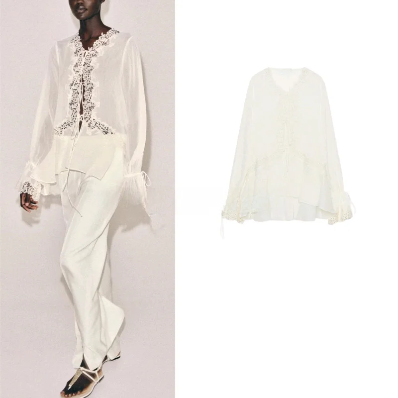 

Elegant Style Women's Long Sleeve V-Neck Lace Shirt Decorative Asymmetrical Hem Layered Decoration Spring Summer New Arrival