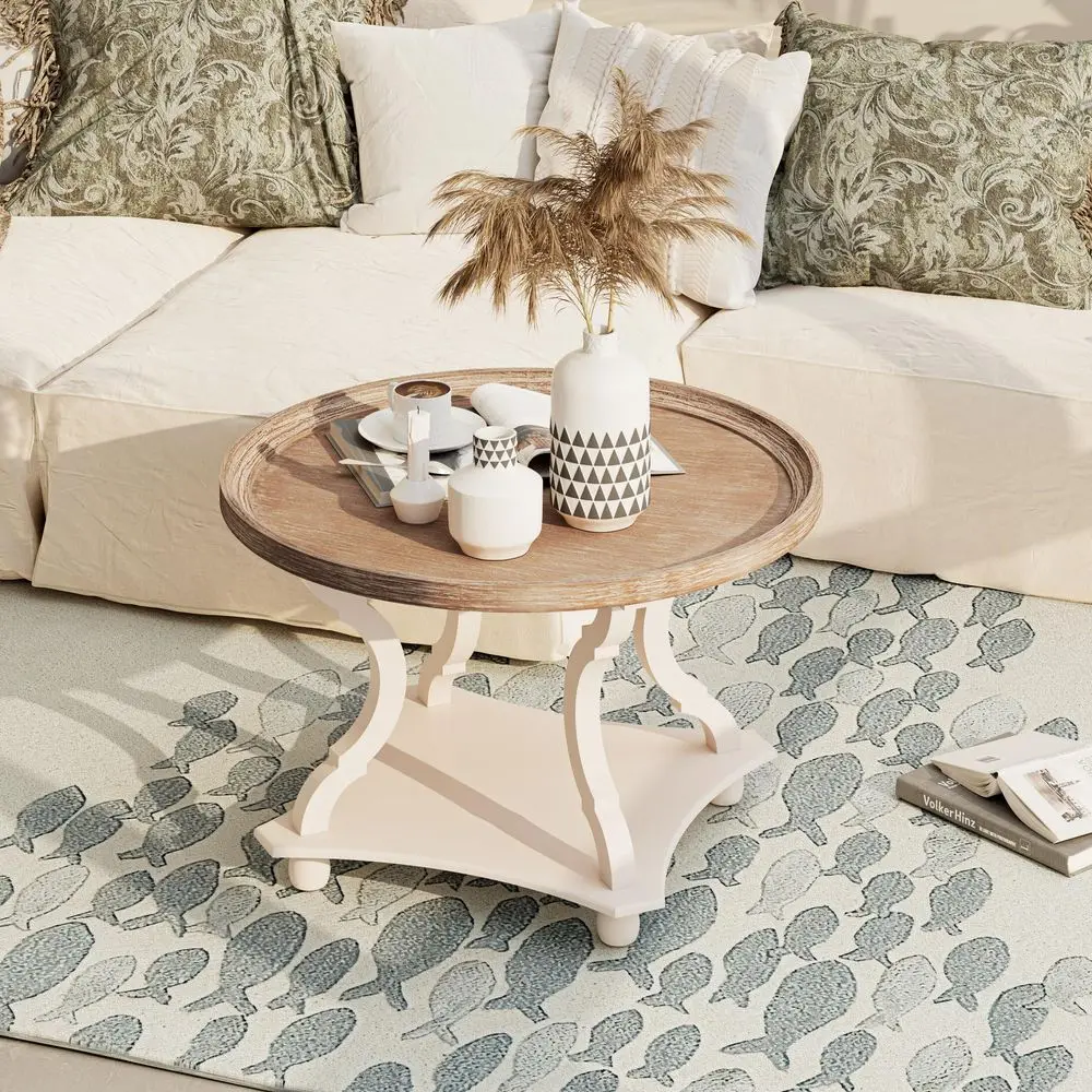 

Round Farmhouse Coffee Table with Handmade Finish, Wood Tray Top Rustic Coffee Table for Added Thickness, Accent Table with Stor