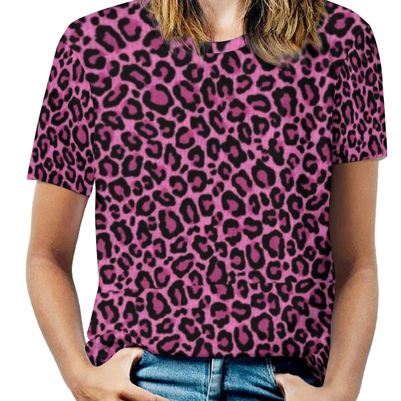 Summer Funky Leopard Print T-Shirts Pink Black Spots Print Casual T Shirt Female Short-Sleeve Trendy Big Size Tees Tops Gift