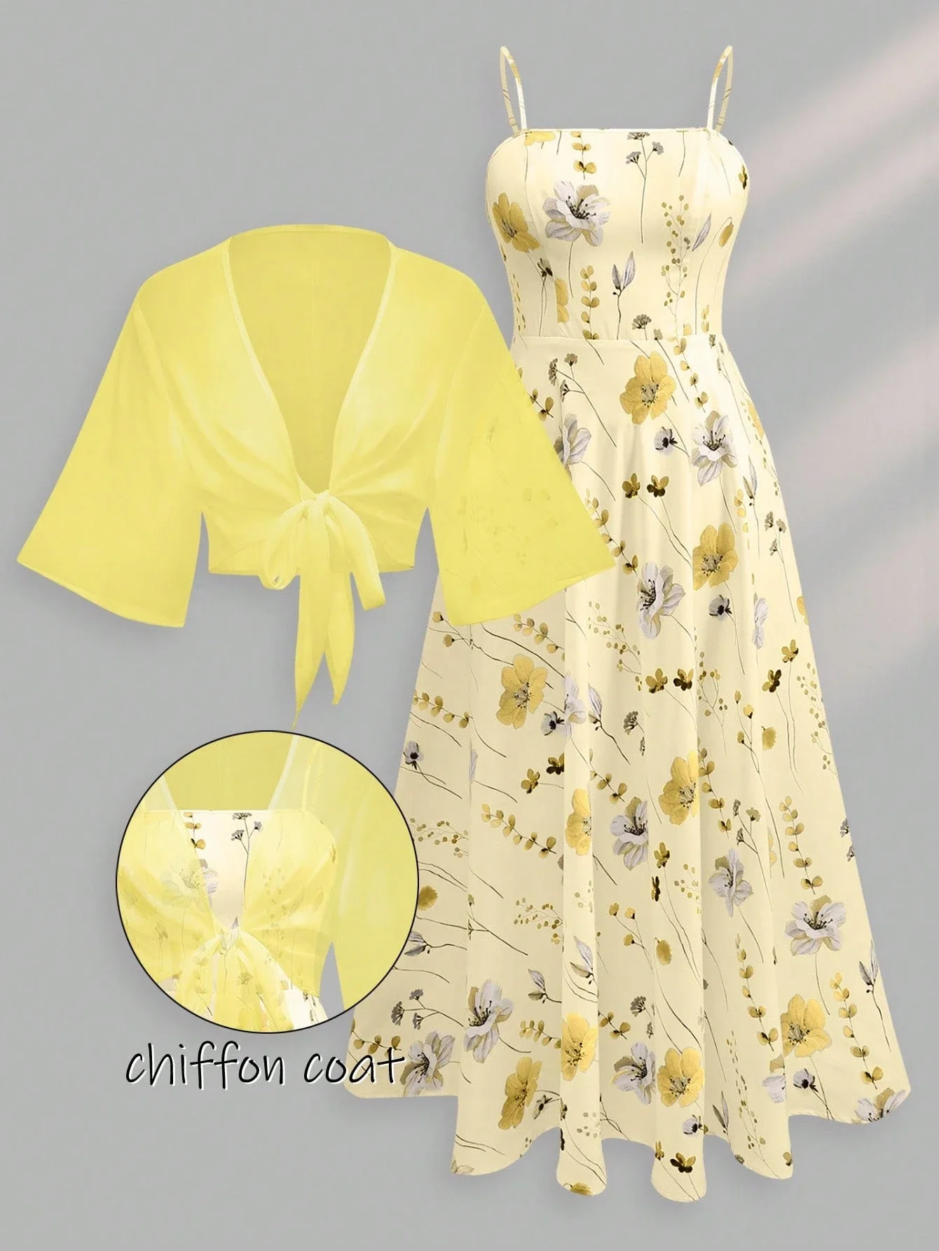 

Elegant Floral Chiffon Dress With Cardigan 2-Piece Set For Summer Fall