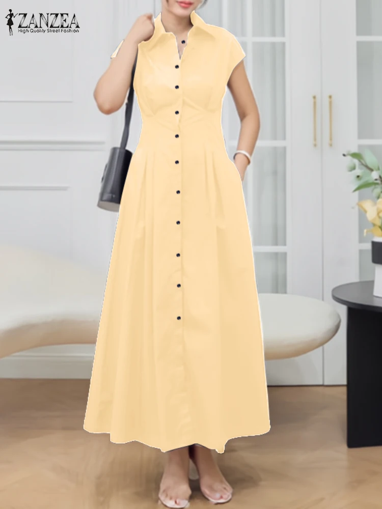 

ZANZEA Short Cap Sleeve Women Maxi Dresses Turn-Down Collar 2025 Summer Fashion Cinch-Waist Shirtdress Commute Solid A-line Robe