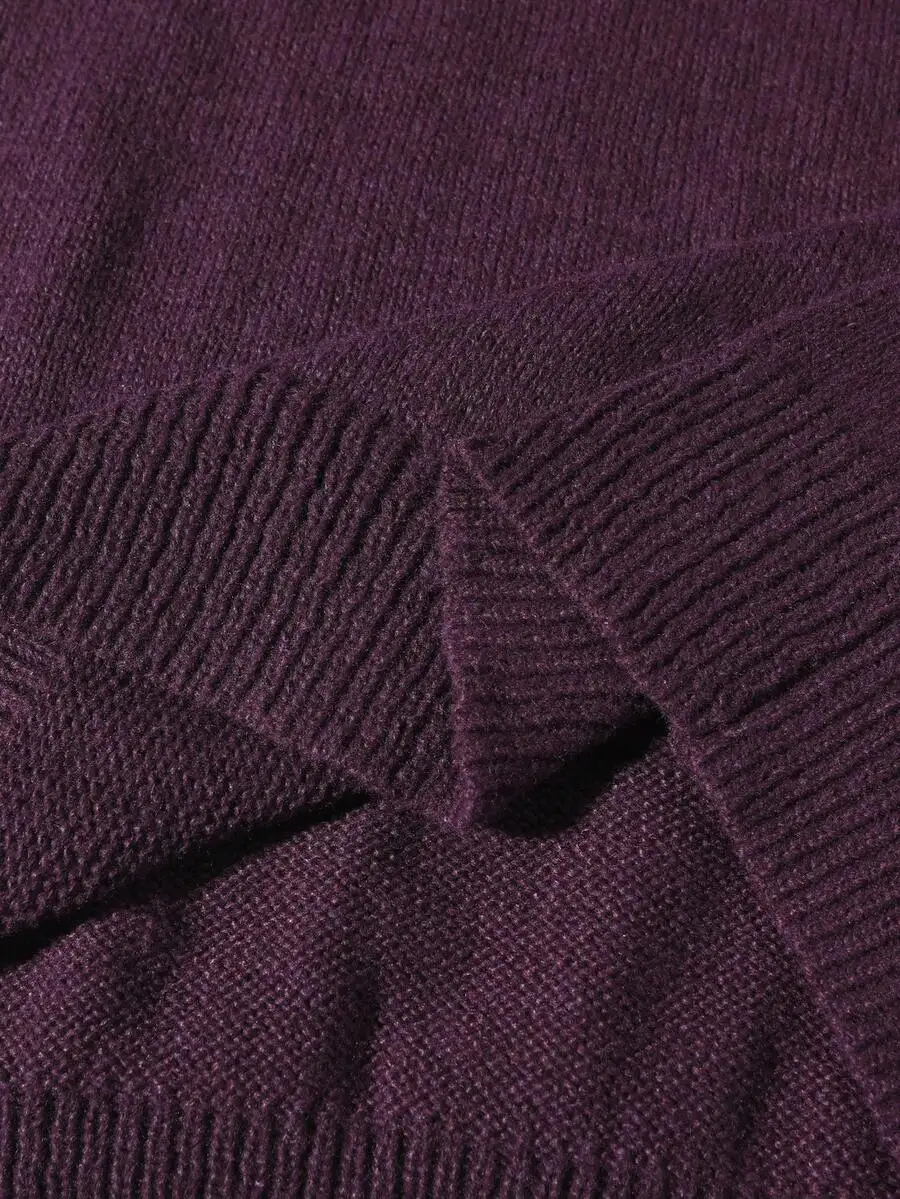Men's Solid Plum Quarter-Zip Knit Sweater with Drop Shoulder and Ribbed Cuffs