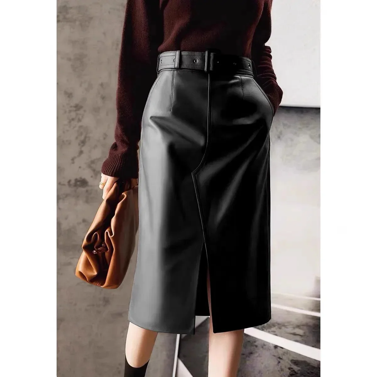 LNY Shop Best,Women Genuine leather long skirt.OL soft sheepskin skirts.good quality.lady casual smooth skirt