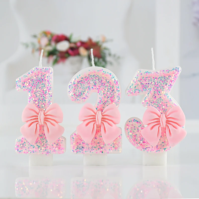 Number 0-9 Pink Cake Candles with Bowknot for Girl Theme Birthday Party Baby Shower Cake Candles Cupcake Topper Decorations