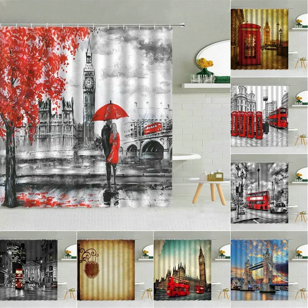 

London Architecture Street View Shower Curtains Lovers Big Ben Red Telephone Box Bridge Waterproof Fabric Bathroom Decor Curtain
