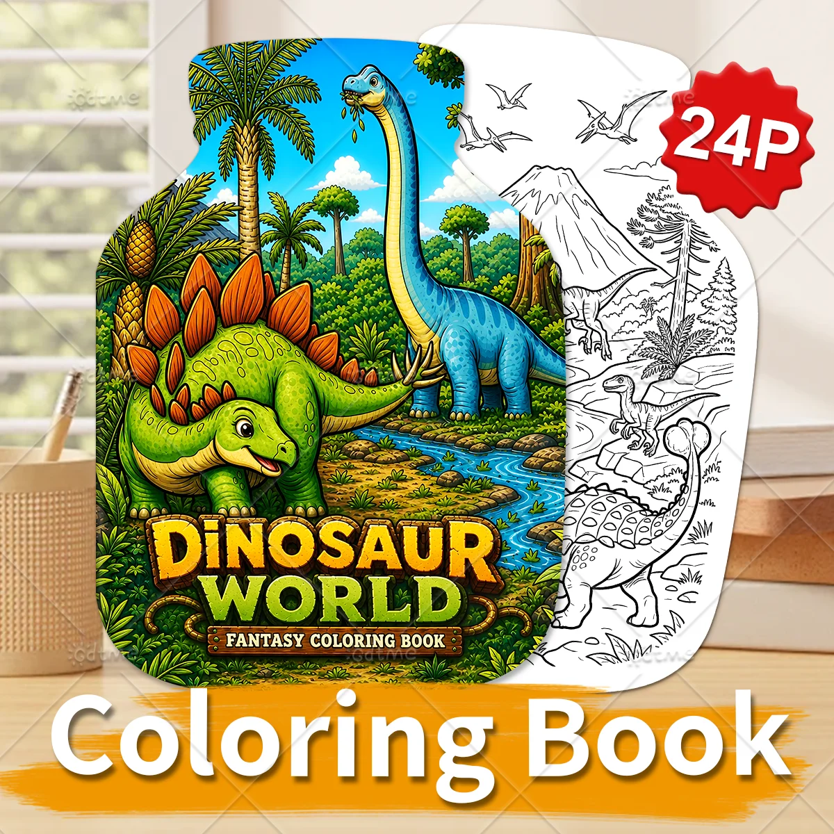 Adult Fantasy Dinosaur World Coloring Book Prehistoric Jungle Line Art Stress Relief Mindful Relax Leisure Drawing Sheets