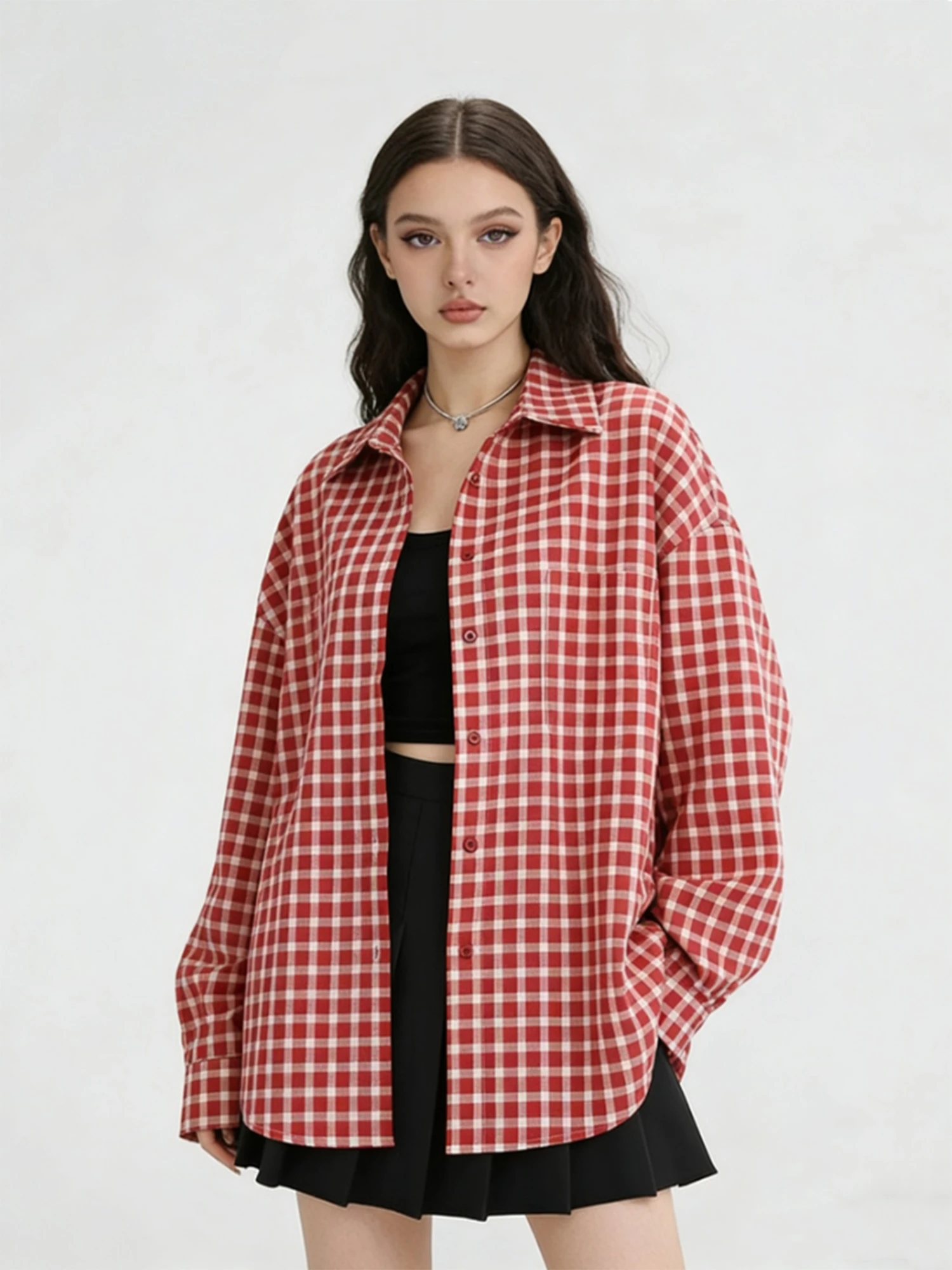 

Women's Vintage Red Shirt Plaid Blouses and Shirts Korean Harajuku 2000s Y2k Long Sleeve Oversize Burgundy Shirt Clothes Spring