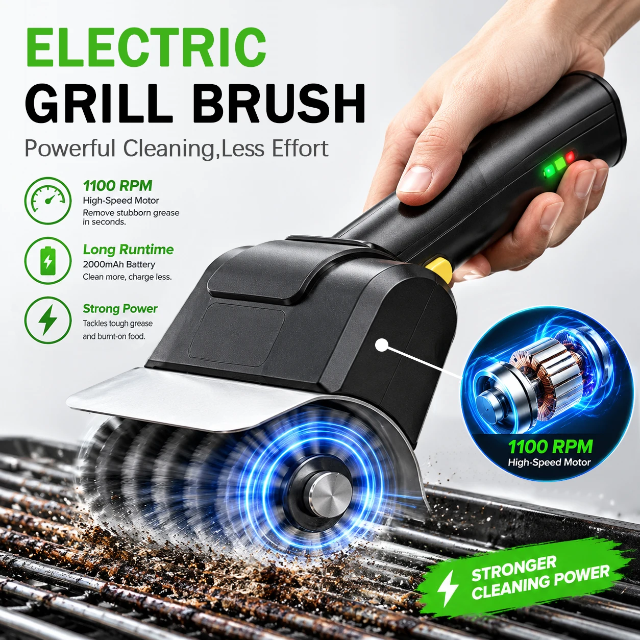 Cordless Electric BBQ Grill Brush Rechargeable Portable Outdoor Camping Grill Cleaner with LED Light, Rust & Grease Remover