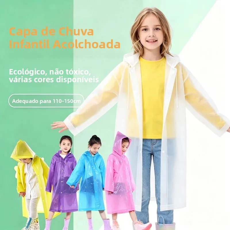 Capa de Chuva Reutilizável para Crianças em EVA, Impermeável, Transparente, com Capuz, Leve e Reforçada, Unissex para Escola, Caminhadas e Camping