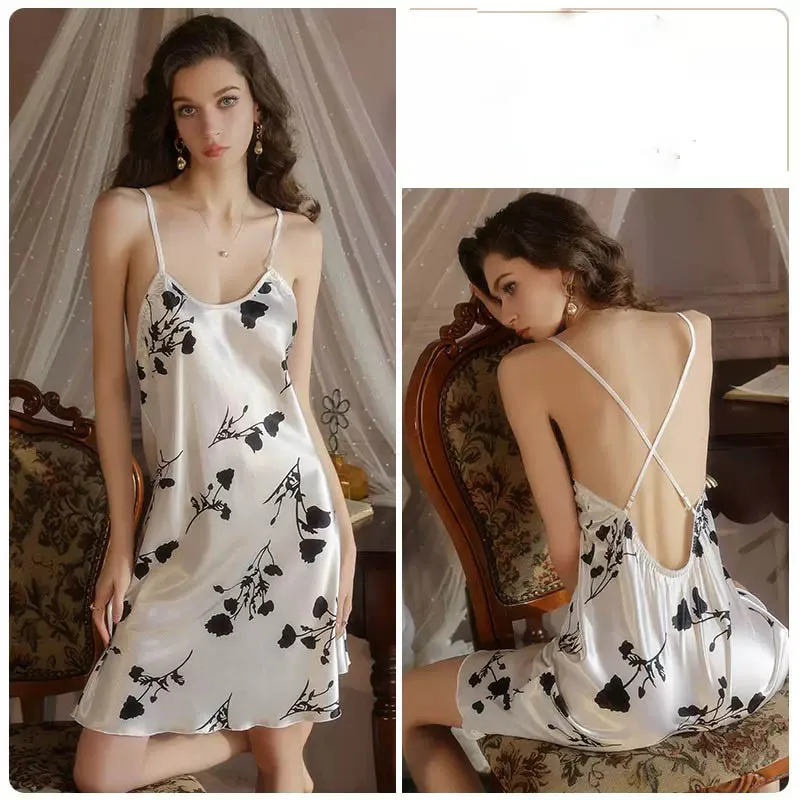 

Hot Sexy Ice Silk Nightdress Women's Summer Deep V Low Chest Sleepdress Large Size Print Flower Suspender Dress for Women