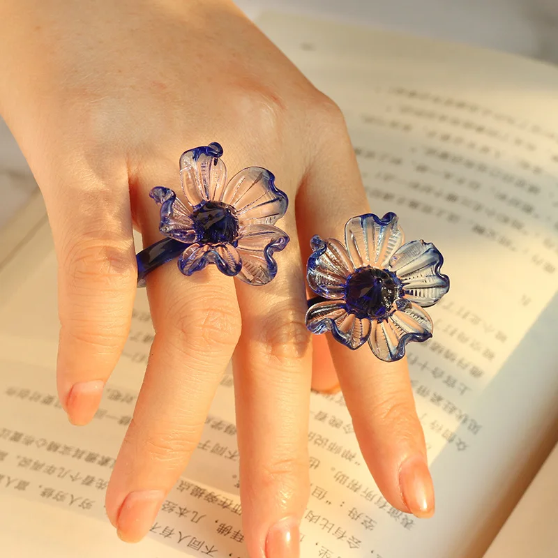 Amazing Glass Iris Flower Rings for Women's Artwork Handmade Glaze Flower Rings Party Jewelry Accessories Gifts