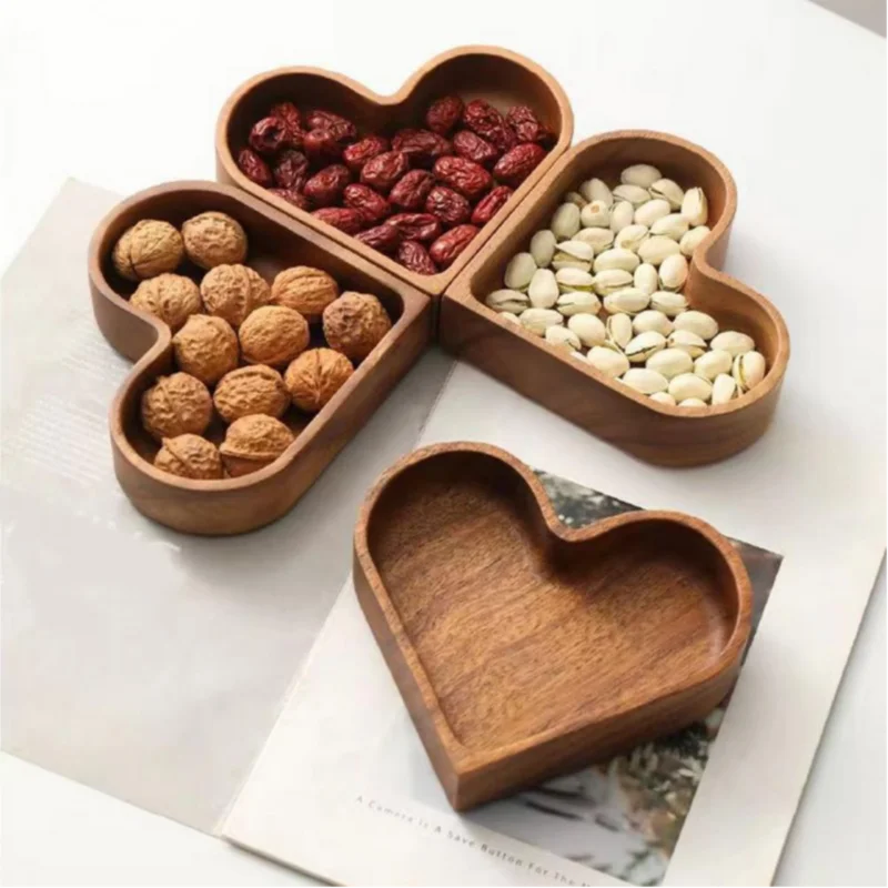 Solid Wooden Display Tray Wooden Tray For Dried Fruits Heart-shaped Wooden Snack Tray Set For Dining Table For Stackable