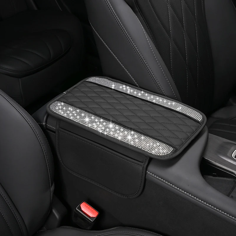 

Car Amrest Cushion Pad Diamond For Women Leather Auto Center Console Cover with Storage Bags Luxurious Auto Interior Accessories