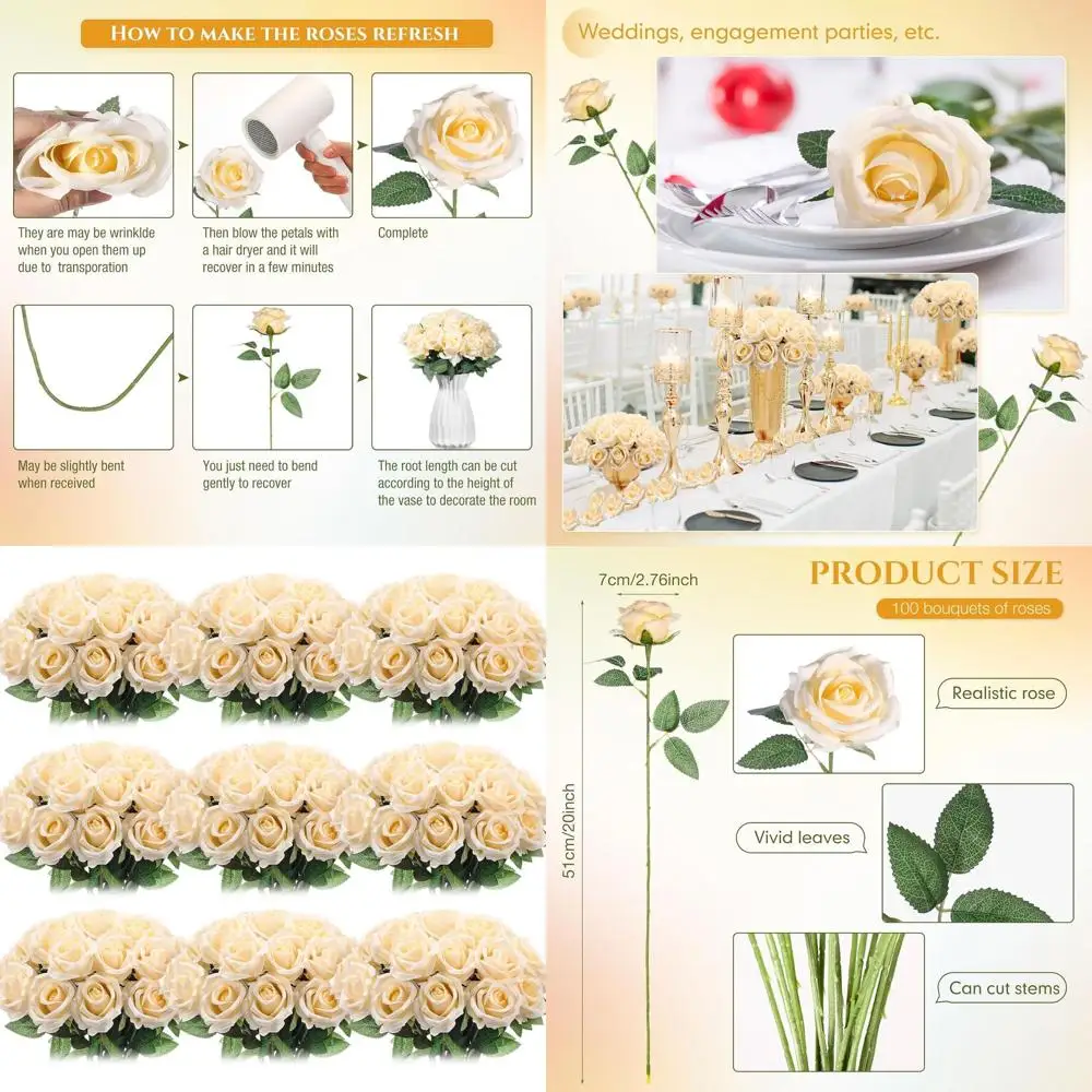 

100 Stem Champagne Silk Artificial Roses, Realistic Fake Flowers for Wedding Centerpieces, Party Decor, Kitchen Vases