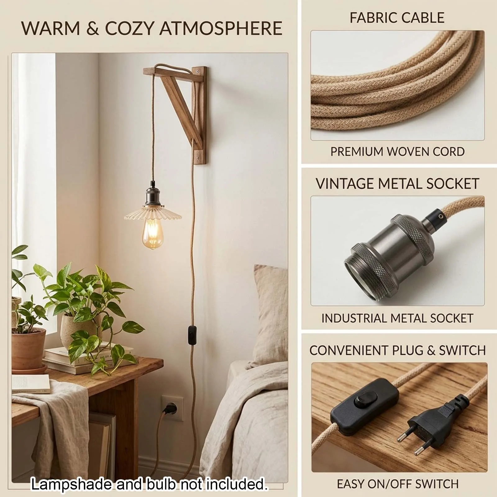 Pendant Light Cord, Black E27 Socket, Jute Rope Braided Cable, Inline Switch, EU Plug, Vintage, Plug-in, DIY