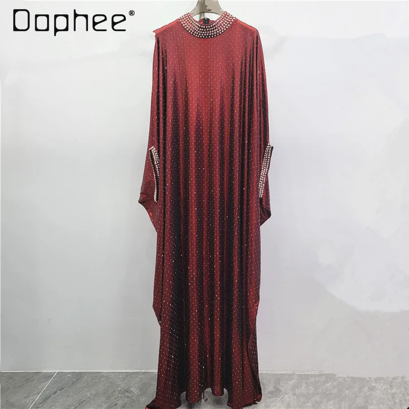 European American Large Size Batwing Sleeve Dress High-end Elegant Evening Dresses Rhinestones Luxurious Oversized Long Dress