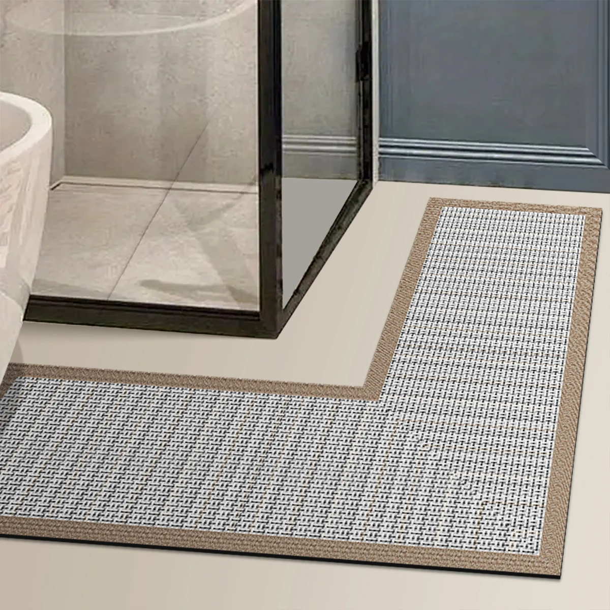 L-Shaped Diatom Mud Kitchen Floor Mat, Water Absorbent Rug with Rubber Backing and Non-Slip Design for Kitchen, Bathroom, Toilet and Entrance