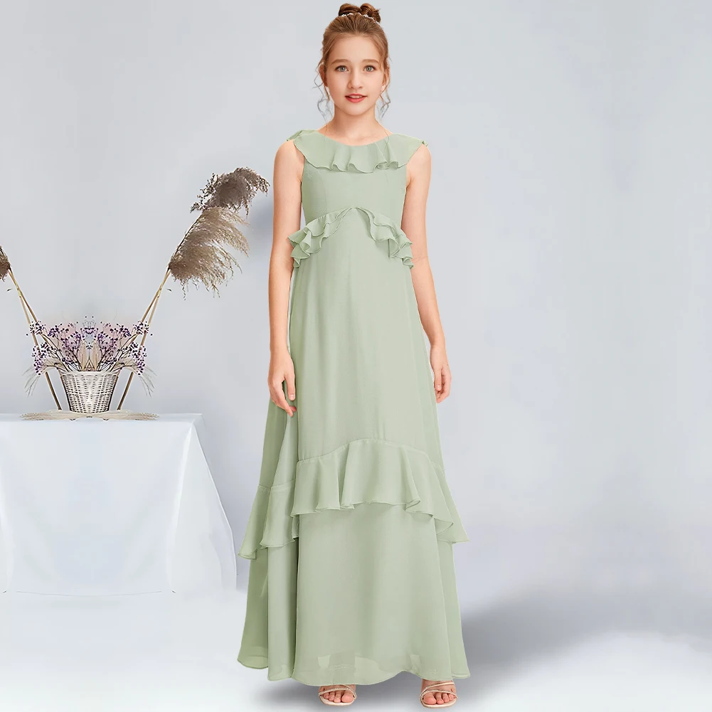 

A-line Scoop Floor-Length Chiffon Junior Bridesmaid Dress With Cascading Ruffles Celadon Flower Girl Dress for Wedding Party