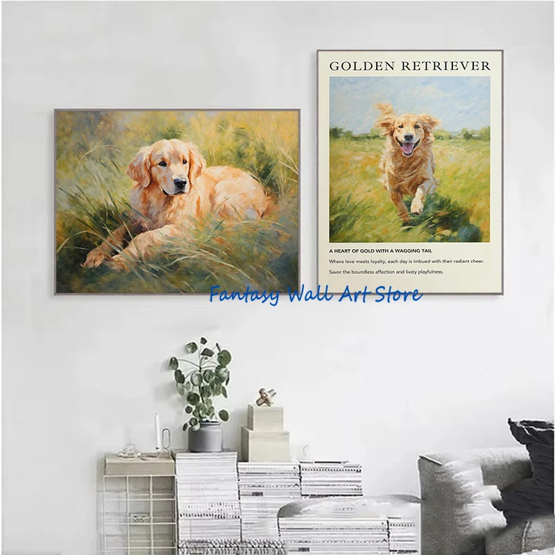 Golden Retriever German Shepherd Dogs Running on The Grass Modern Oil Painting Poster Canvas Painting Wall Pictures Home Decor