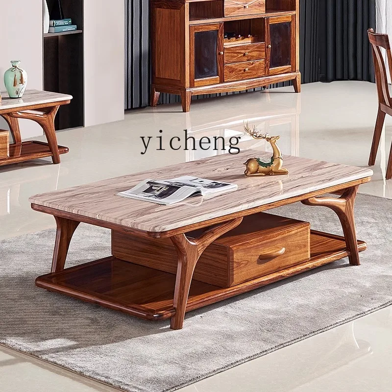 

FY Ebony Marble Coffee Table Living Room Storage Drawer Solid Wood Coffee Table TV Cabinet