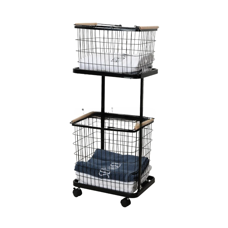 

Double layer Cloth Storage Baskets Rack Bathroom Floor Stand Clothing Storage Sundries Iron Laundry Storage Basket with wheel