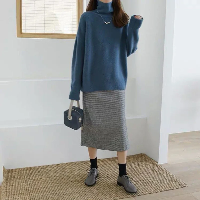 Turtle Neck Cashmere Sweater Women Korean Style Loose Warm Knitted Pullover 2024 Winter Outwear Lazy Oaf Female Jumpers Solid