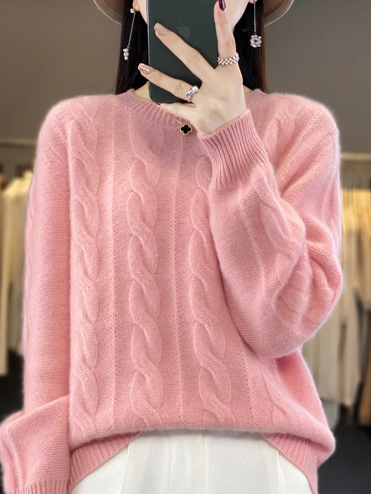 Women Winter Sweater 100% Merino Wool Thick Warm O-Neck Pullover Twist Flower Cashmere Knitwear Casual Korean Popular Clothes