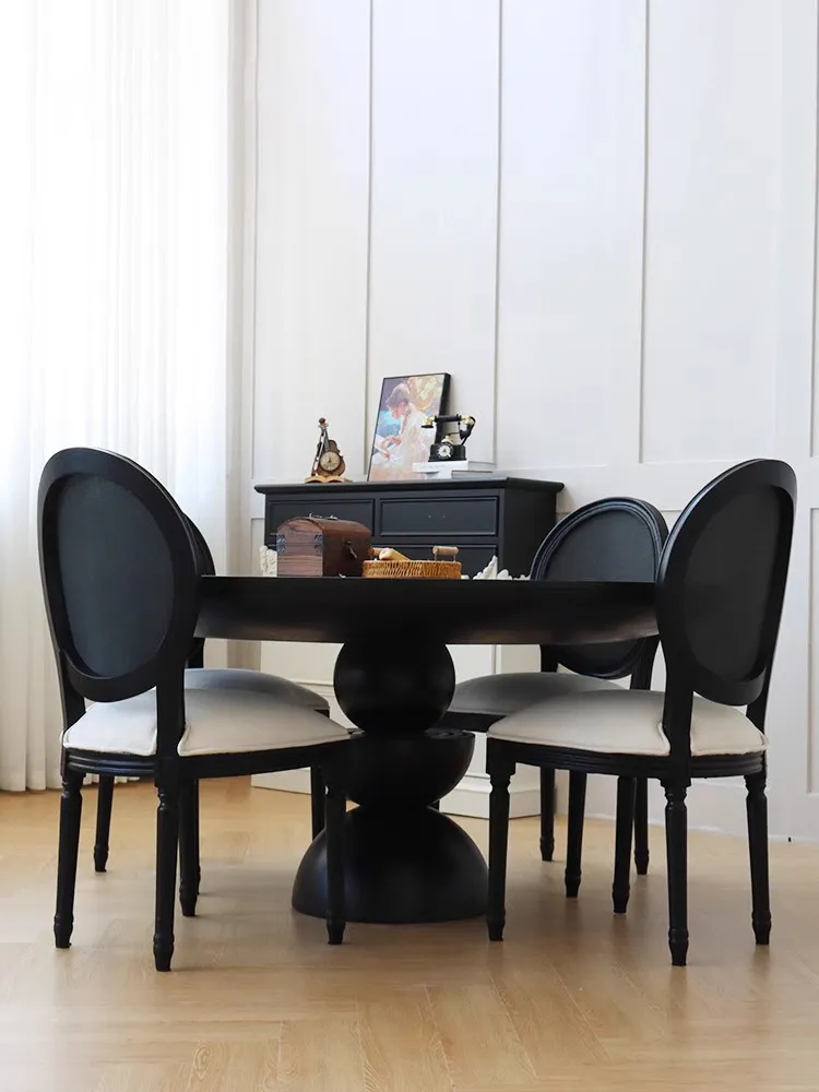 ^American-style Vintage Oak Round Table and 4-seat Dining Chairs Set. Home Antique Available for Customization.