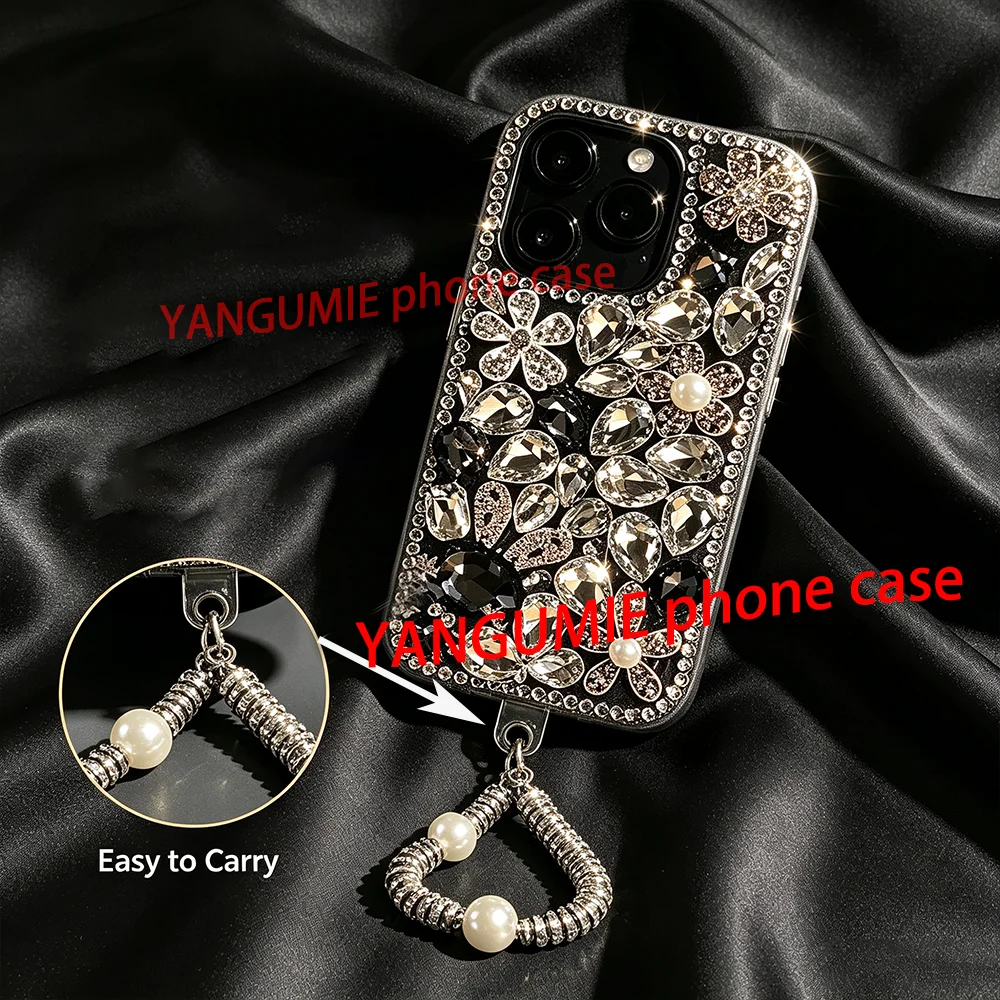 Fits Apple iPhone 17/16 Pro Max phone case,iPhone 15 fully studded,14 protective case, 13 luxury rhinestone flower with bracelet