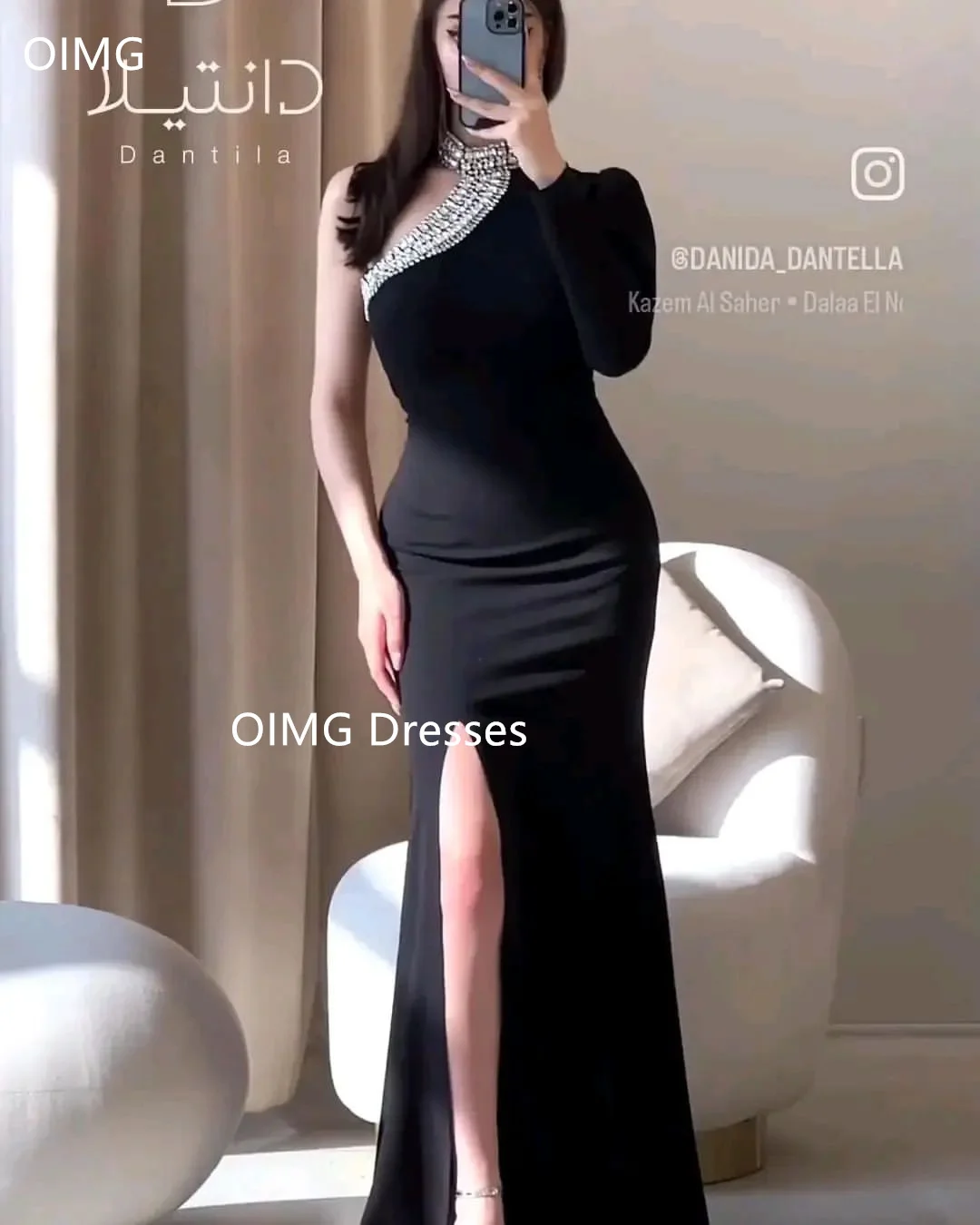 OIMG Fashion Saudi Crystals Black Vintage Prom Dresses Mermaid  Long Sleeves High Neck Slit Evening Gowns Formal Party Dress