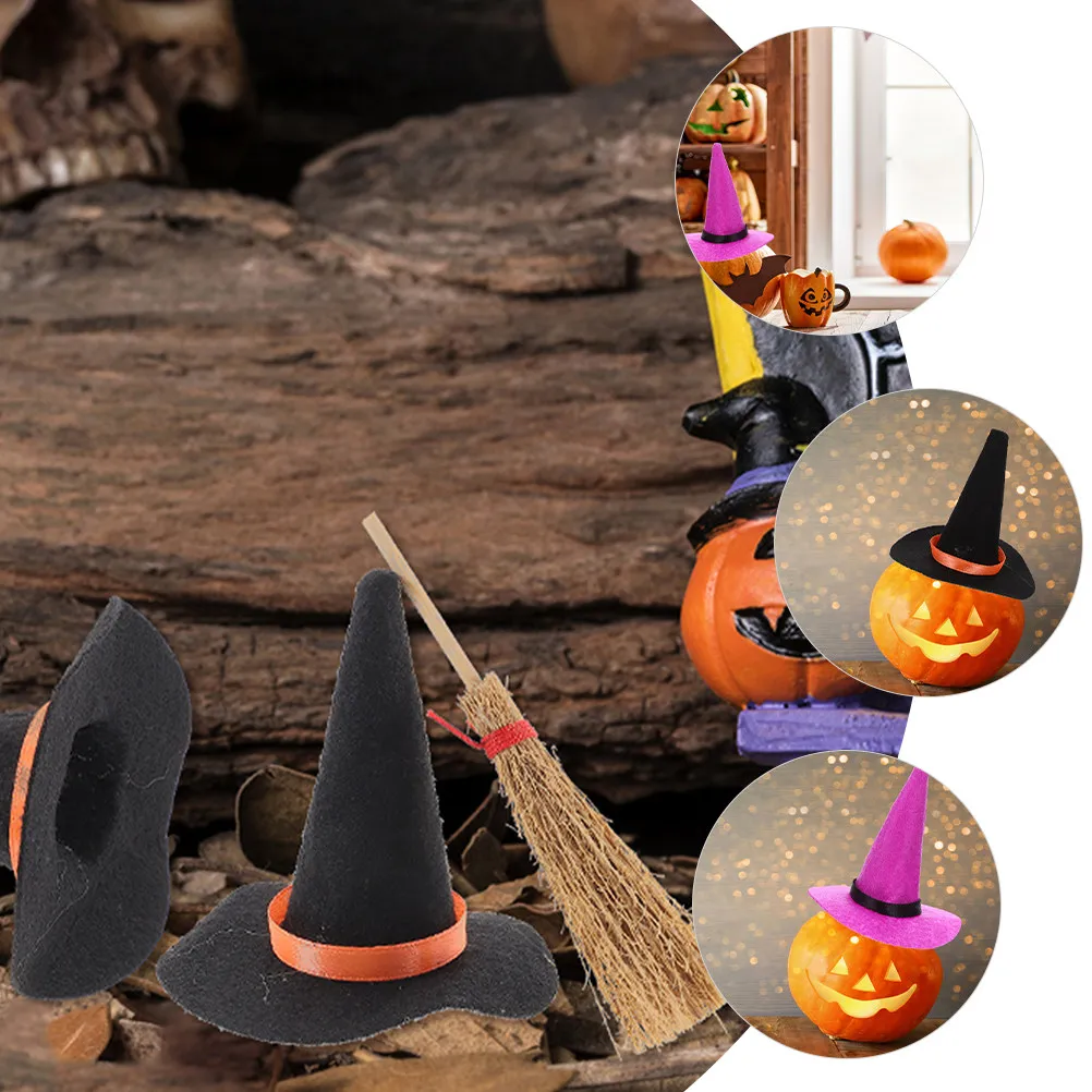 

1Set Miniature Witch Hat and Broom Set for Halloween Decor DIY Mini House Accessories Tiny Craft Hats Party Theme Props