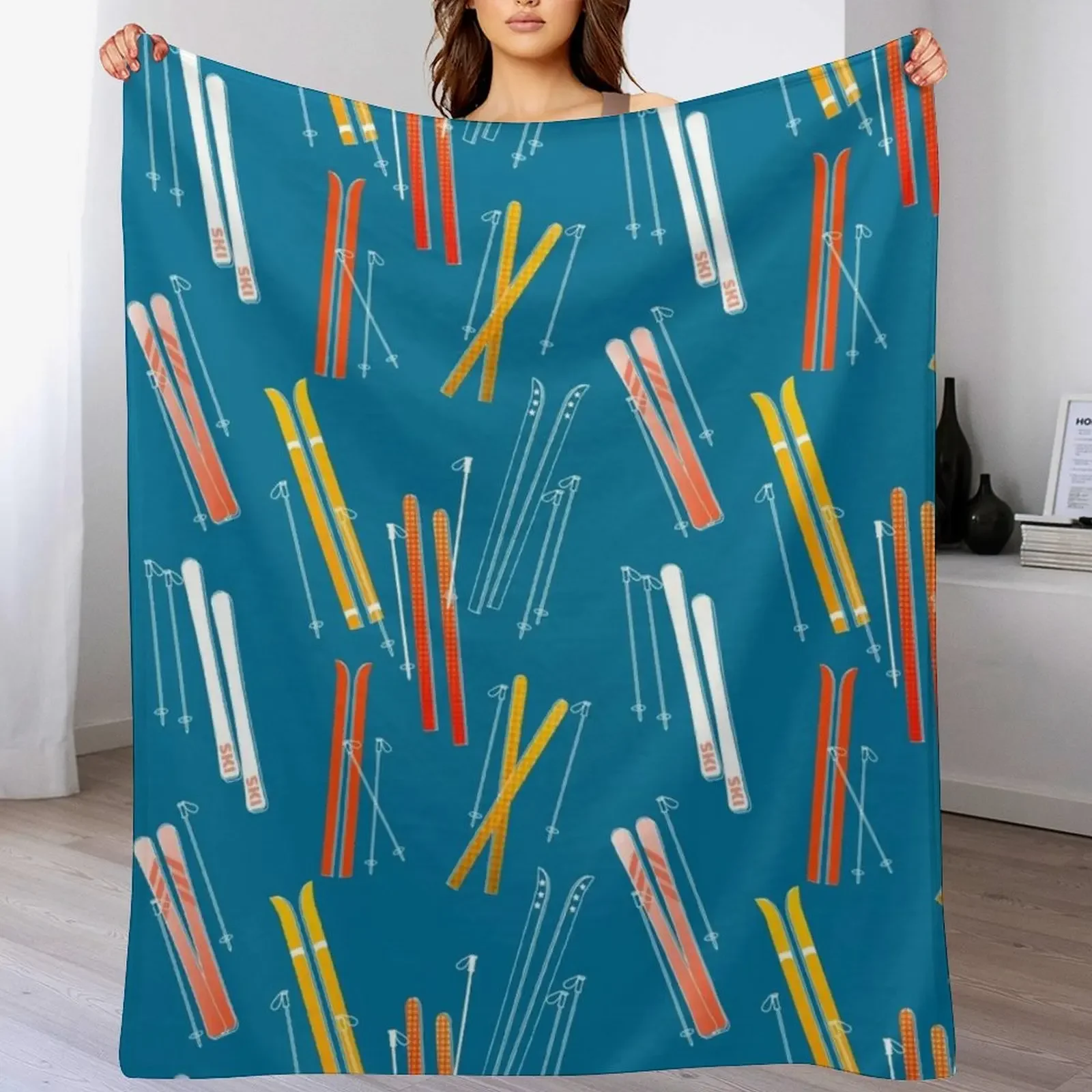 

Colorful, Retro Skis pattern on dark blue Throw Blanket for winter Blankets For Baby Bed Fashionable Moving Blankets