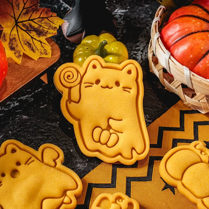 Halloween DIY Cookie Moulds Cartoon Ghost Pumpkin Cat Cookie Stamp Fondant Cake Decoration Tools Hand Pressure Plastic Biscuit