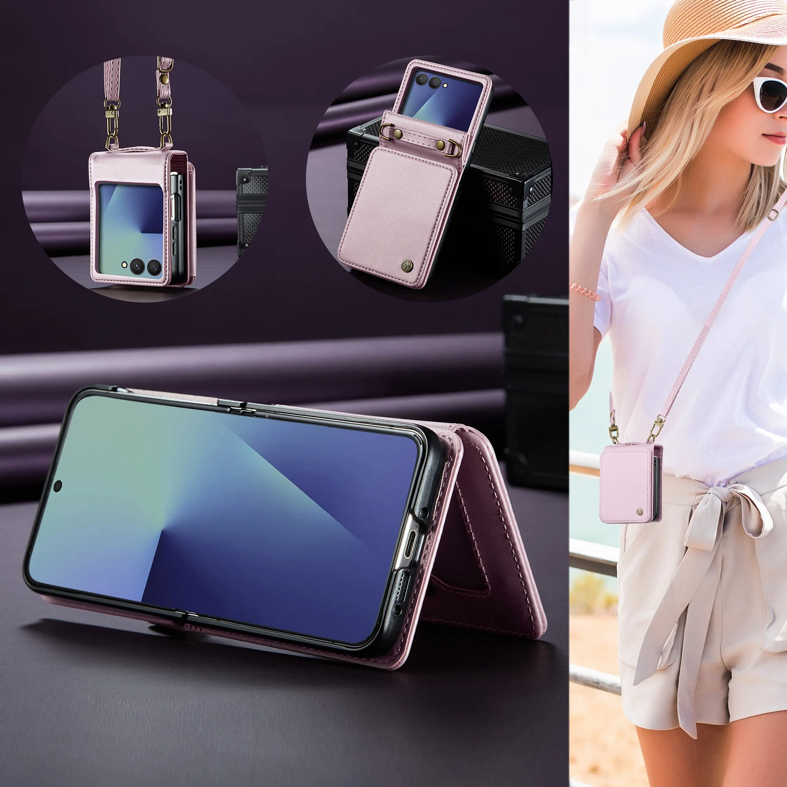 CaseMe-C22 Fashion Wallet Case For Samsung Galaxy Z Flip 7 ,New Magnetic PU Leather Card Slots Cover Protective Skins with Strap